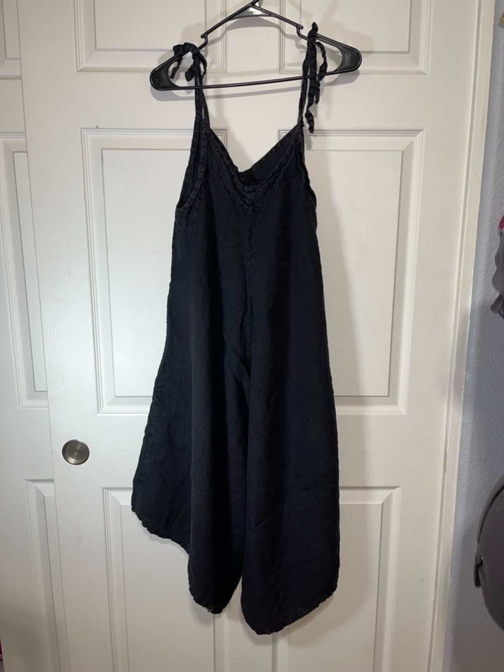 Meo Meli Tie-Shoulder Black Linen-Blend Wide-Leg Jumpsuit